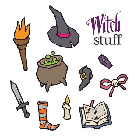 Halloween witch vector set for design - witch, pot, knife, sock, candle, book, spells, bow, hat, shoesのイラスト素材