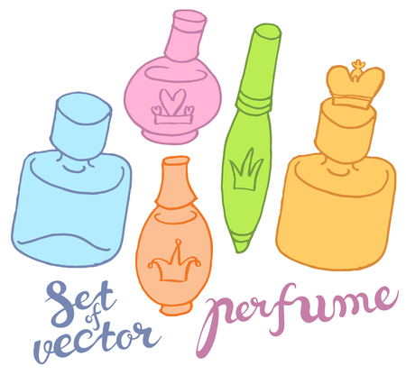 hand draw vector perfume bottles in naive style with hand letteringのイラスト素材
