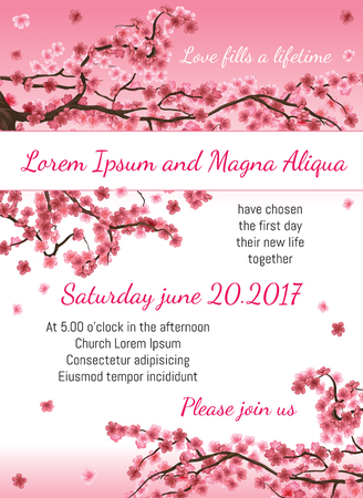 Invitation wedding card with sakura blossom vector template. You can use it for invitations, flyers, postcards, cards and so onのイラスト素材