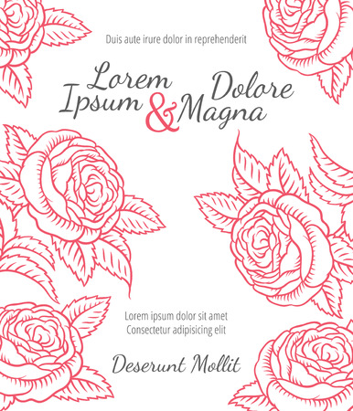 Wedding card with drawing roses in a classic retro style - vector flower design templateのイラスト素材
