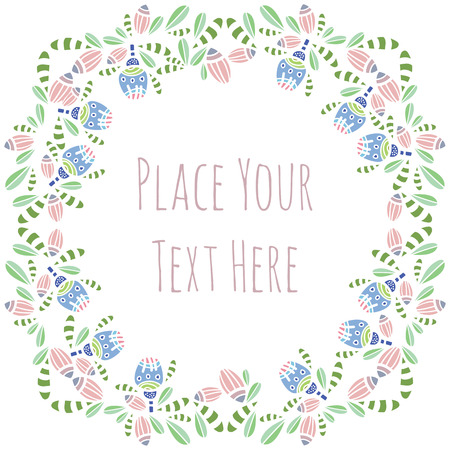 vector round frame template - blue flower with leavesのイラスト素材