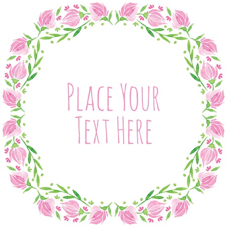 pink flowers and fresh green leaves - vector watercolor hand drawingのイラスト素材