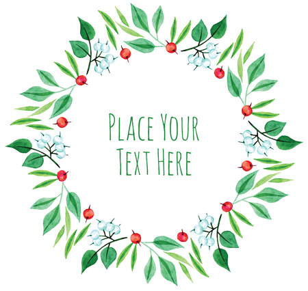Round frame white and red berries with green branch garland - watercolor vector templateのイラスト素材