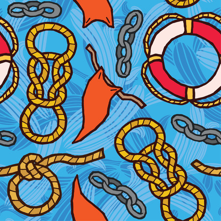 Ropes, knots, flags, lifebuoy - marine rigging - seamless vector patternのイラスト素材