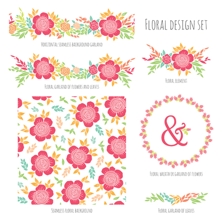 Set of vector design elements, including seamless pattern, floral vignettes, borders and wreaths and ribbonsのイラスト素材