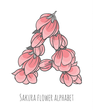 Vector colorful flower font - font made with sakura flowers and leaves - floral alphabet letter A vector designのイラスト素材