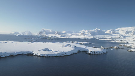 Arctic Epic Ocean Mountain Landscape Aerial View. North Antarctica Open Water Coast Majestic...