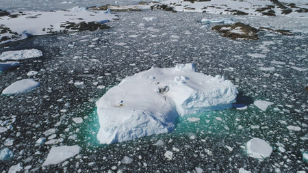 Antarctica Huge Iceberg Float Aerial Tracking View. Arctic Ocean Coast Massive Turquoise Ice Piece...