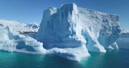 Majestic winter Antarctica iceberg drifting ocean in sunny day. Blue sky, turquoise water. Close up snow covered floating glacier panoramic shot. Ecology, melting ice, climate change, global warmingの写真素材