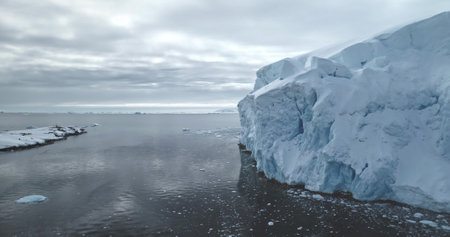 Massive glacier in Antarctica peacefully floats polar ocean. Towering snow covered iceberg rises above cold, dark water. Ice wall formation under moody sky. Antarctica winter landscape panoramaの写真素材