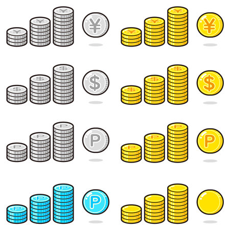 A set of illustrations of yen, dollar, point, and plain coins stacked. A luxurious illustration with gold and silver glitter.のイラスト素材