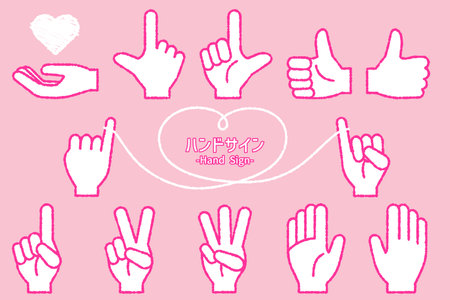 A simple illustration set of commonly used hand signs. Cute icons with fluffy textured lines.のイラスト素材