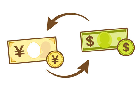 This is an icon illustration of a dollar-yen exchange with banknotes and coins. A simple and cute illustration for student teaching materials.のイラスト素材