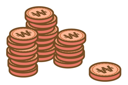 This is an illustration of a stack of Korean won coins. A simple and cute illustration for student teaching materials.のイラスト素材