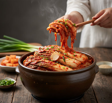 Traditional Korean Kimchi Preparation â Fresh Whole Napa Cabbage Kimchiの素材