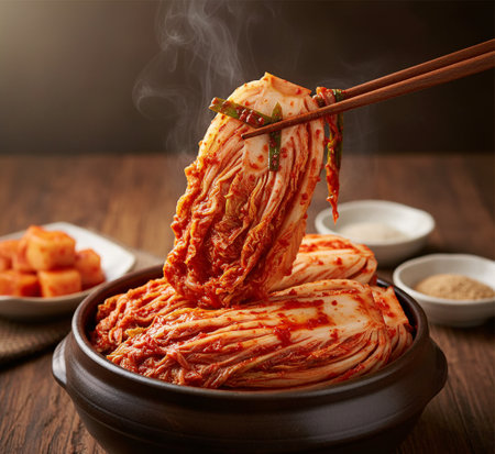 Korean Kimchi Close-Up â Spicy Napa Cabbage Pickled Dishの素材