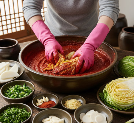Mixing Kimjang Kimchi Seasoning in a Large Bowl â Traditional Korean Fermentation Processの素材