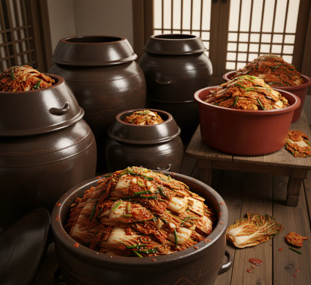 Kimjang Kimchi Stored in Traditional Onggi Jars â Korean Fermented Food Cultureの素材