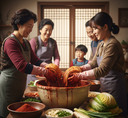Kimjang Family Making Traditional Kimchi â Korean Food Preparation Sceneの素材