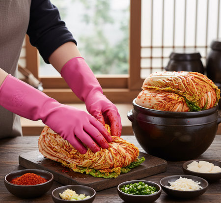 Stuffing Kimjang Kimchi with Spices â Authentic Korean Fermented Cabbage Preparationの素材