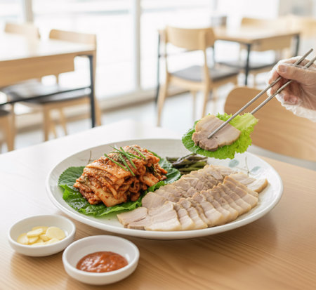 Korean Food Bossam with Kimchi on Lettuce Wrap â Traditional Korean Cuisineの素材