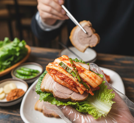 Korean Food Bossam with Kimchi on Fresh Lettuce â Authentic Korean Mealの素材