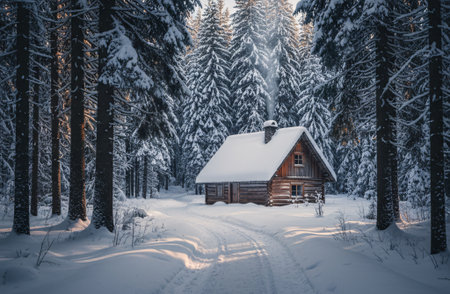 Snow Covered Cabin in Winter Forestの素材