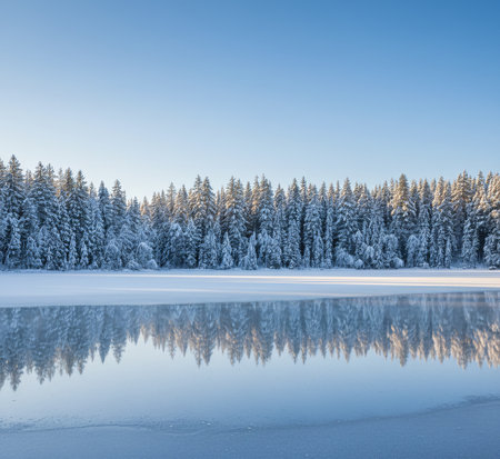 Frozen Winter Lake with Snowy Pine Forest Reflectionの素材