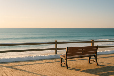 Empty Bench Overlooking Calm Ocean at Sunsetの素材