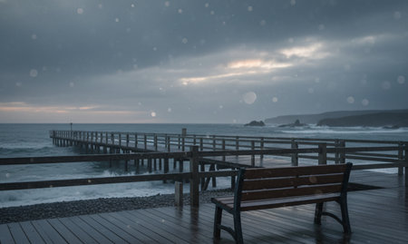 Stormy Winter Beach with Wooden Pier and Empty Benchの素材