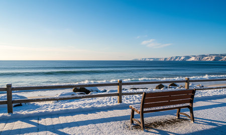 Sunny Winter Beach with Snow on Boardwalk and Empty Benchの素材