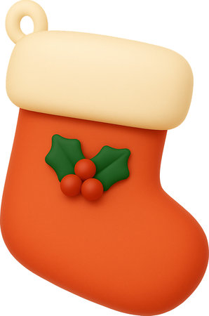 3D Christmas Stocking Icon â Red Holiday Sock with Holly in Soft Clay Styleの素材