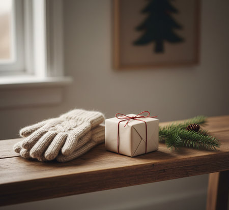 Winter Wool Gloves And Wrapped Present With Evergreen Sprigの素材