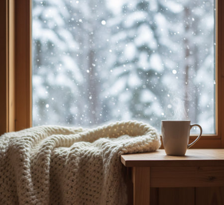 Warm Coffee by the Snowy Window with Cozy Knit Blanketの素材