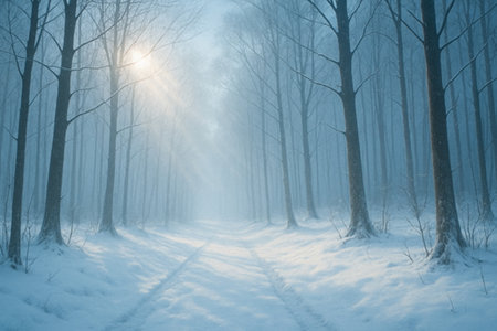 Snowy Forest Path with Gentle Morning Sunlight and Misty Airの素材