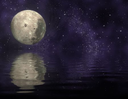 moon in universe and reflection moon and universe on ripply water - planeの写真素材
