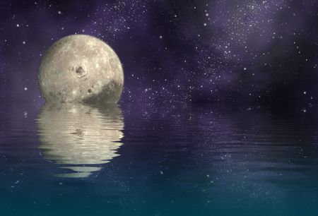 moon in universe and reflection moon and universe on ripply water - planeの写真素材