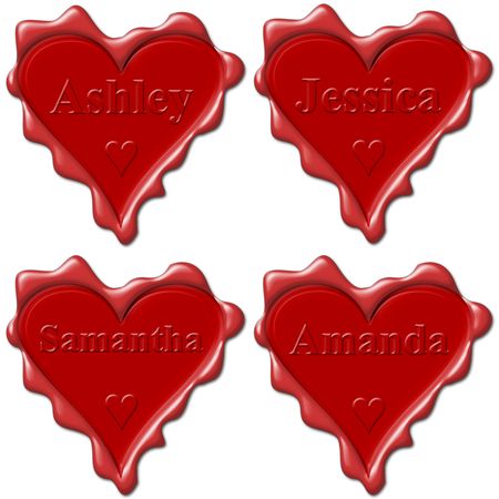 Valentine love hearts with names: Ashley, Jessica, Samantha, Amandaの写真素材