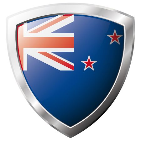 New Zealand flag on metal shiny shield vector illustration. Collection of flags on shield against white background. Abstract isolated object.のイラスト素材