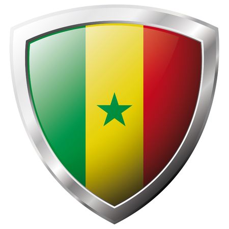 Senegal flag on metal shiny shield vector illustration. Collection of flags on shield against white background. Abstract isolated object.のイラスト素材