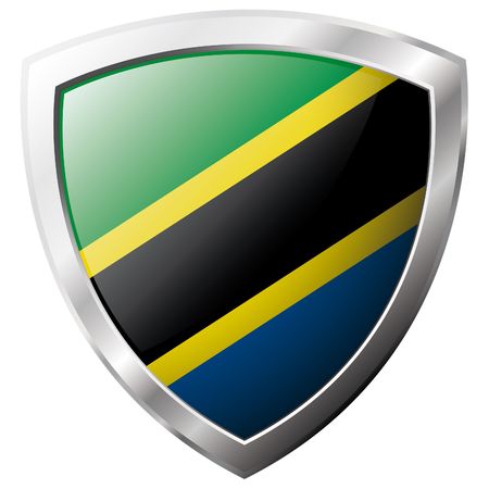 Tanzania flag on metal shiny shield vector illustration. Collection of flags on shield against white background. Abstract isolated object.のイラスト素材
