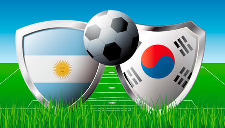 Soccer match in South Africa 2010. Shiny football shield of national flag. Abstract illustration  on colorful background with grass.の写真素材