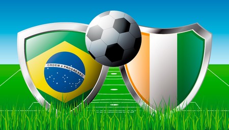 Soccer match in South Africa 2010. Shiny football shield of national flag. Abstract illustration  on colorful background with grass.の写真素材
