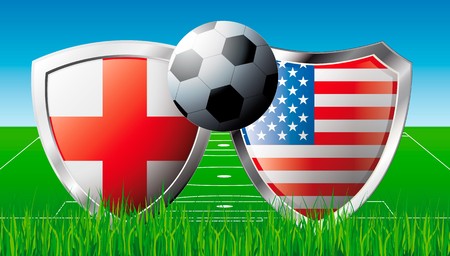 Soccer match in South Africa 2010. Shiny football shield of national flag. Abstract illustration  on colorful background with grass.の写真素材