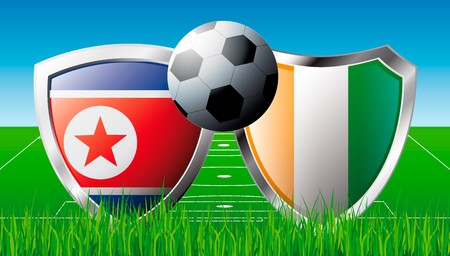 Soccer match in South Africa 2010. Shiny football shield of national flag. Abstract illustration  on colorful background with grass.の写真素材