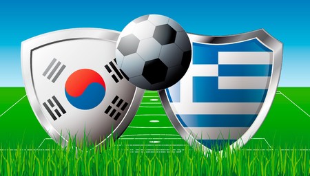 Soccer match in South Africa 2010. Shiny football shield of national flag. Abstract illustration  on colorful background with grass.の写真素材