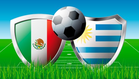 Soccer match in South Africa 2010. Shiny football shield of national flag. Abstract illustration  on colorful background with grass.の写真素材