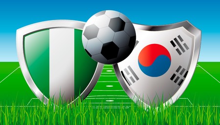 Soccer match in South Africa 2010. Shiny football shield of national flag. Abstract illustration  on colorful background with grass.の写真素材