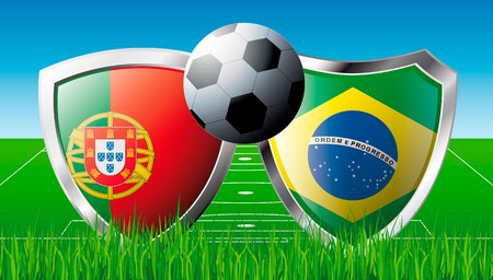 Soccer match in South Africa 2010. Shiny football shield of national flag. Abstract illustration vector on colorful background with grass.の写真素材