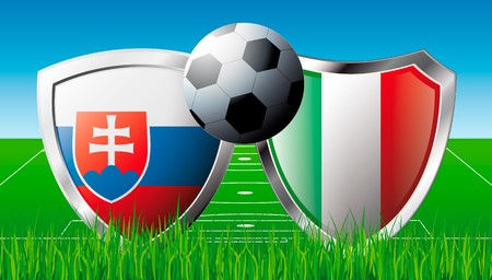 Soccer match in South Africa 2010. Shiny football shield of national flag. Abstract illustration  on colorful background with grass.の写真素材